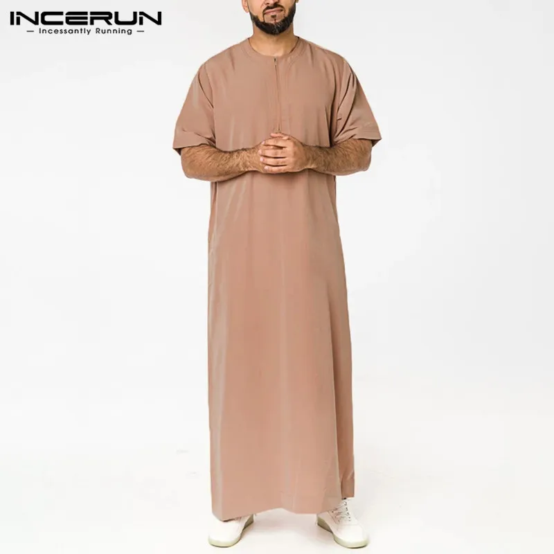 INCERUN Hommes Musulman Kaftan À Manches Courtes Solide O Cou Jubba Thobe Abaya Moyen-Orient Dubaï Arabie Saoudite Islamique Hommes Robes S-5XL