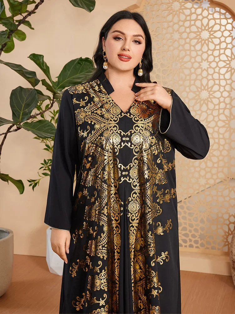 Musulman arabe femme ample décontracté rétro ethnique impression noir col en v manches longues vêtements Abaya femmes dubaï longue robe grande taille