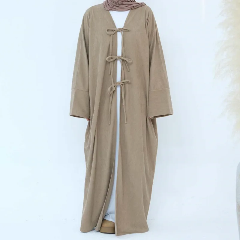 Abaya ouvert en velours côtelé d'hiver, Kimono de dubaï modeste avec poches, robe pour femme musulmane, Cardigan épais et chaud sur le devant avec nœuds