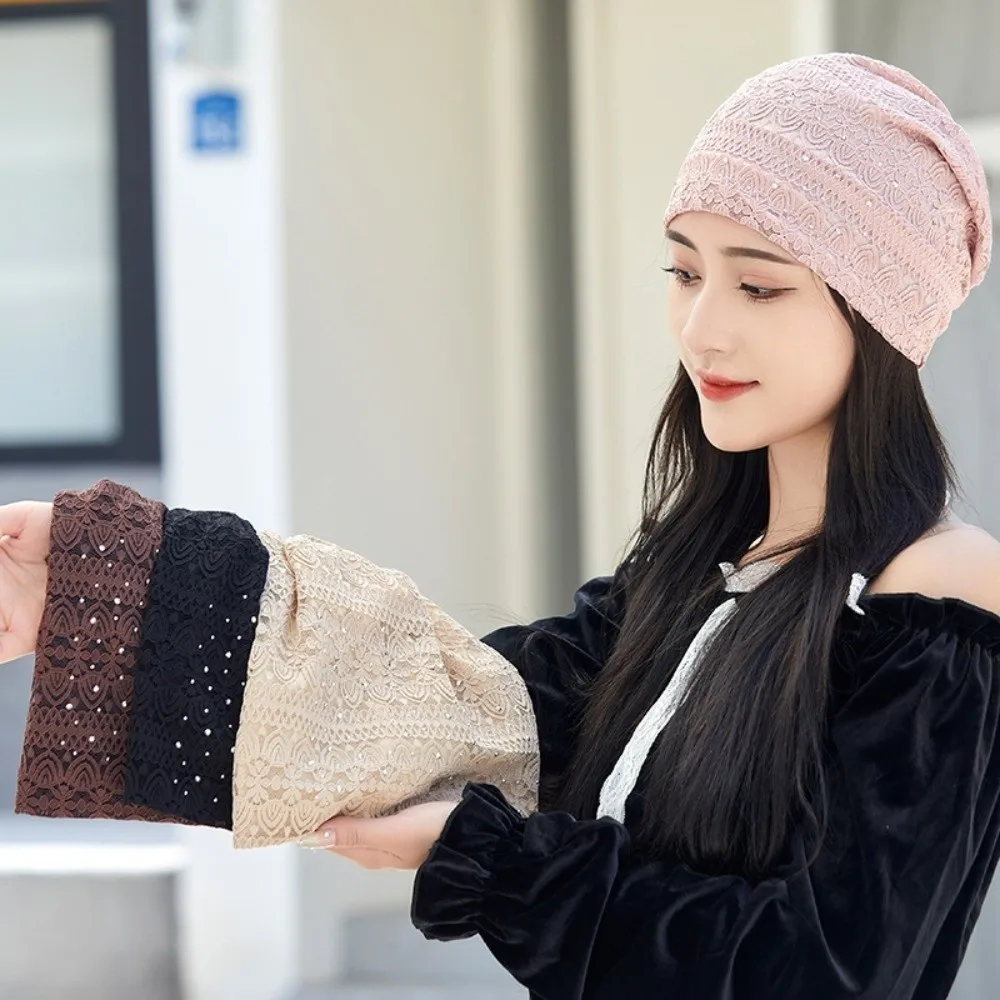 Bonnet en dentelle douce et décontractée avec strass, Style ethnique, chaud, confortable et respirant, Turban Hijab pour l'extérieur
