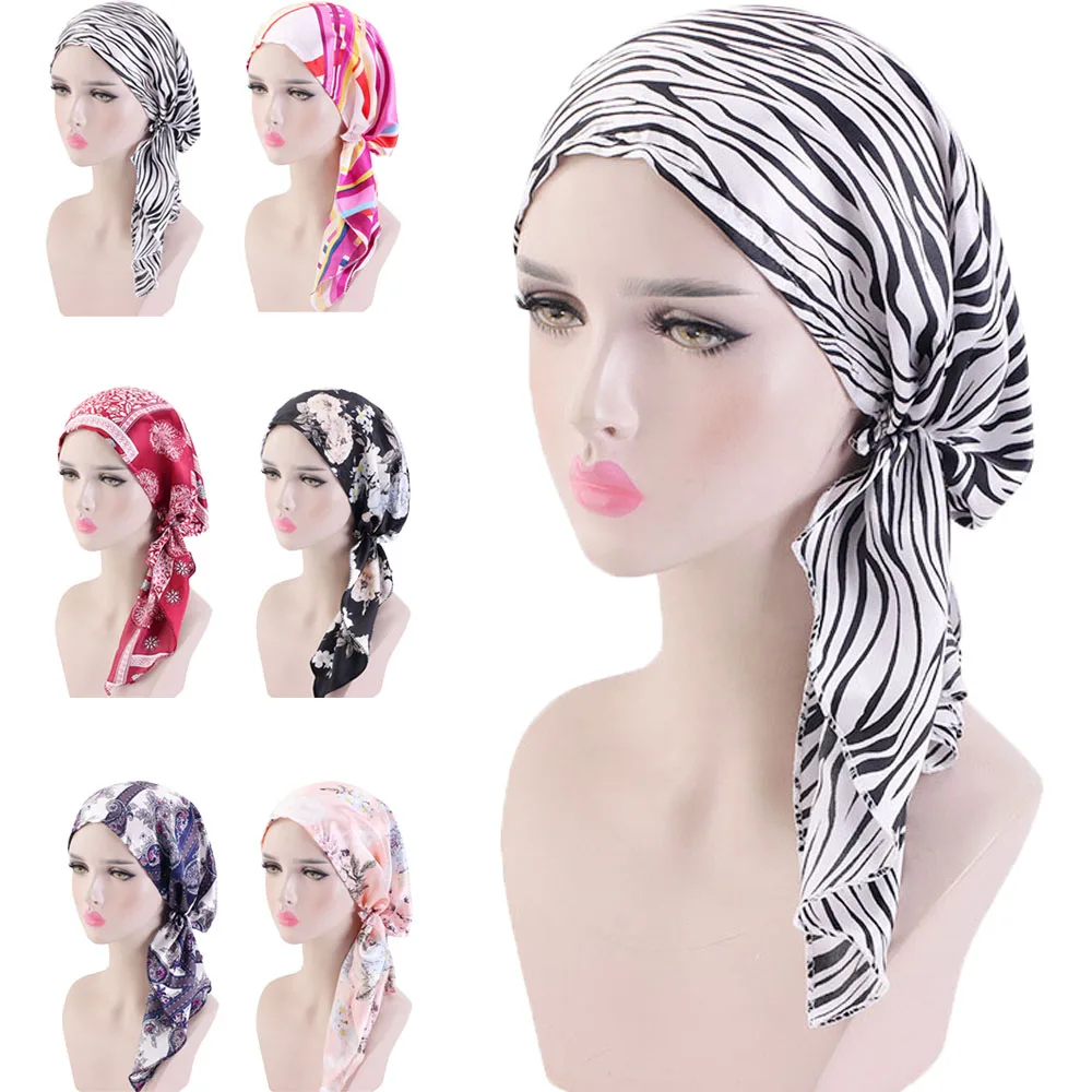 Chapeau pré-noué pour femmes musulmanes, hijab intérieur, bonnet de chimio contre le cancer, turban imprimé floral, vêtements de sauna, écharpe de sauna à longue queue, bonnets, bonnet