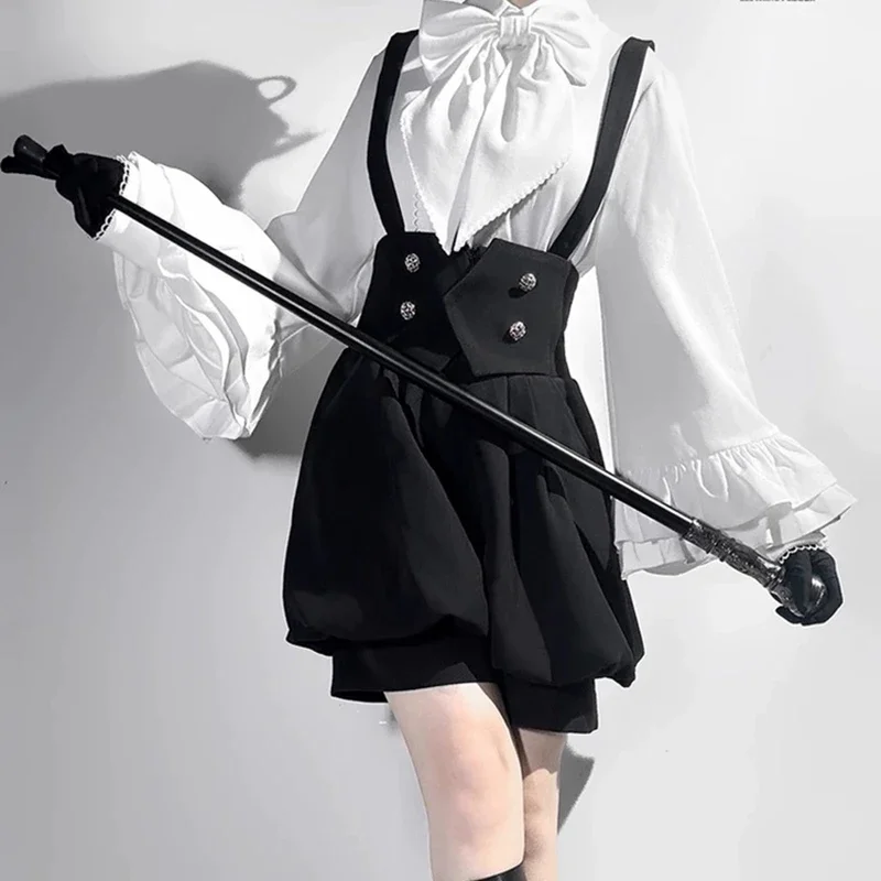 Ensemble deux pièces gothique japonais pour femmes, vêtements à manches évasées, chemisier doux, jupe à bretelles avec nœud, tenues à la mode, costume Y2K doux