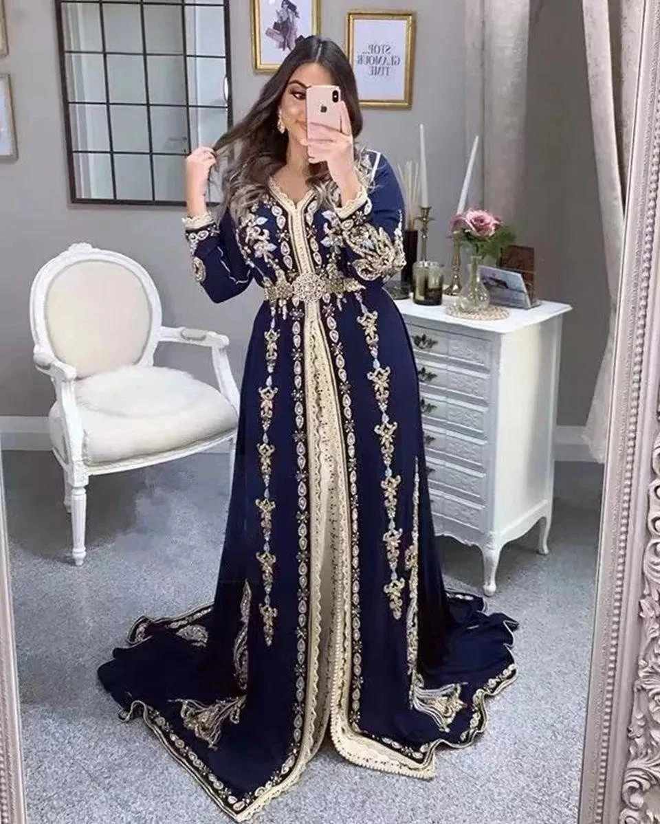 Caftan marocain bleu robes de soirée musulmanes a-ligne manches longues Appliques dubaï arabe Caftan Abaya robe islamique personnalisée