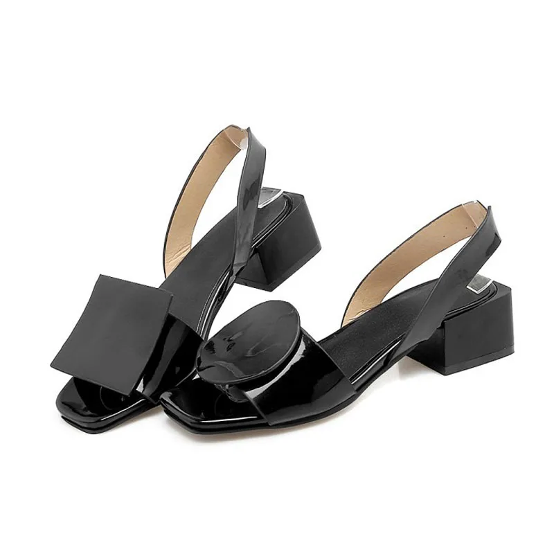 Noir blanc sandales femmes chaussures été talons carrés sans lacet bureau dames chaussures personnalisé en cuir verni Sandalias Mujeres WSH3893
