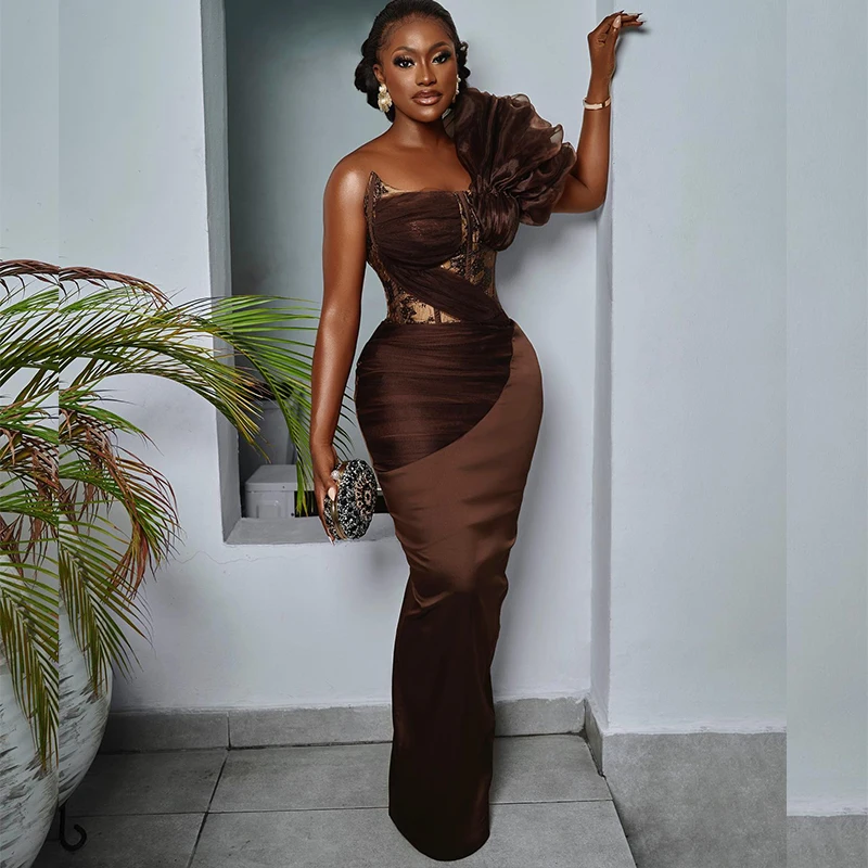 Aso Ebi – robe de soirée marron pour femmes, asymétrique épaule dénudée, plissée, robes de fête de mariage africaines, longue robe d'occasion formelle personnaliséeAso Ebi robes de soirée marron pour les femmes une épa