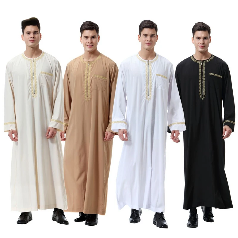Vêtements islamiques musulmans hommes Jubba Thobe imprimé fermeture éclair Kimono longue Robe Saoudienne Musulman porter abaya caftan Islam Dubaï Robe arabe
