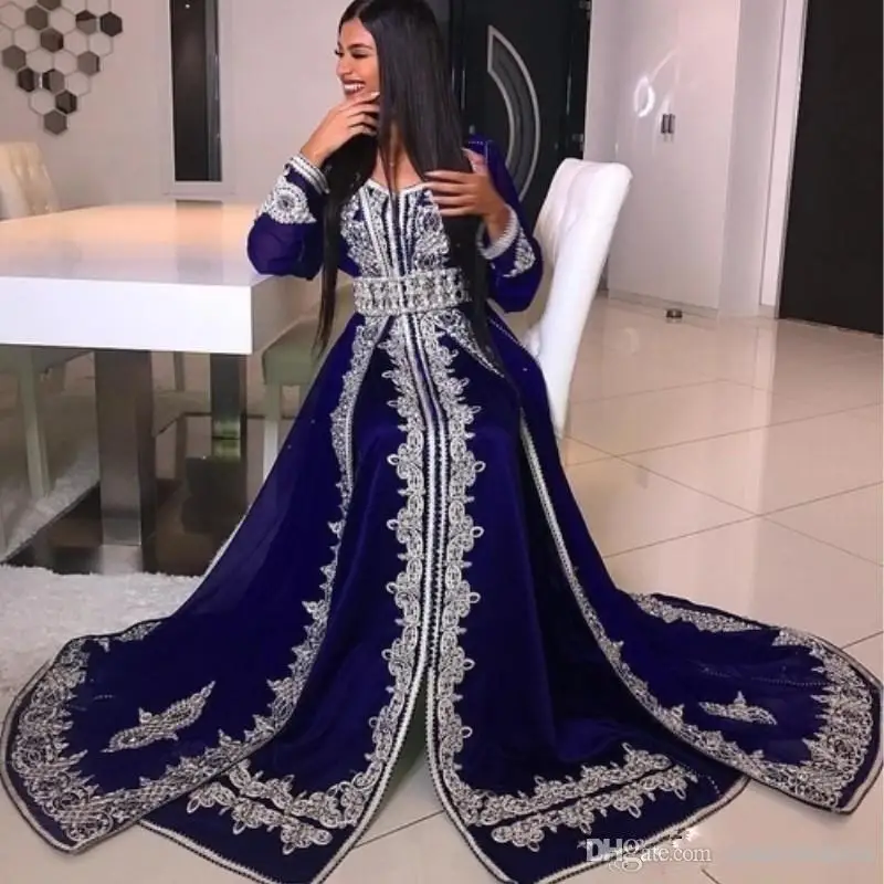 Caftan marocain bleu robes de soirée musulmanes a-ligne manches longues Appliques dubaï arabe Caftan Abaya robe islamique personnalisée