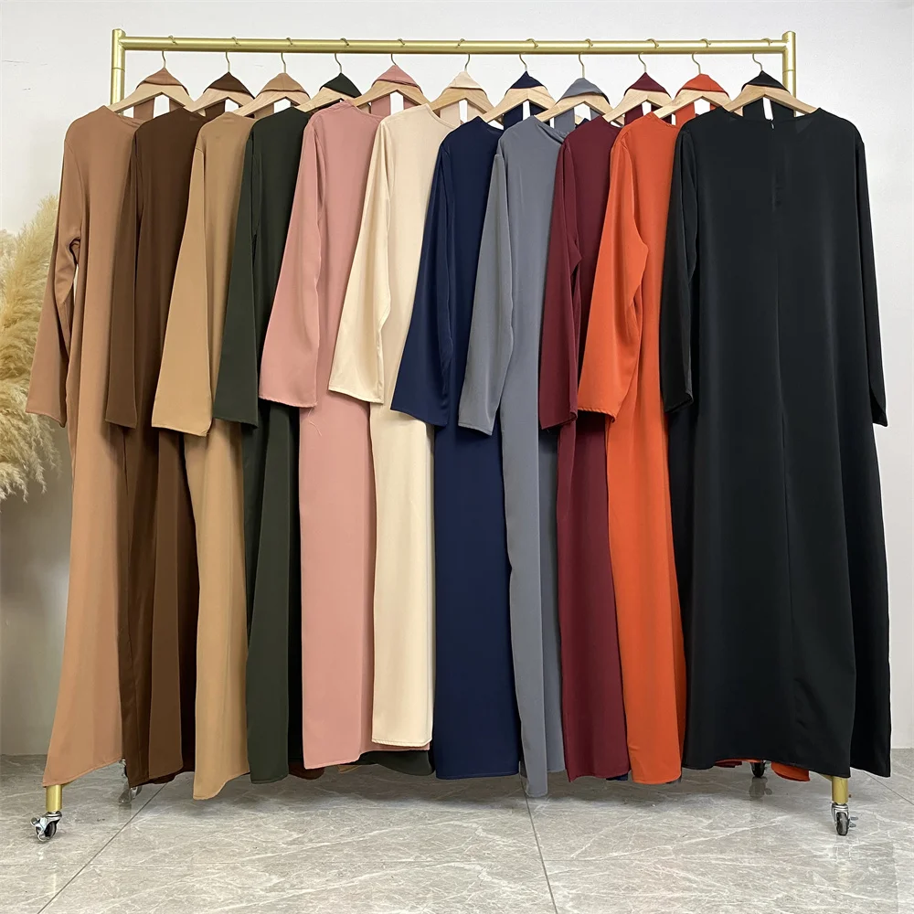 Robes Longues Polyester Ampli Marron Beige Rose Bleu Gris Noir Lien Taille Elegant Middle Age Dubai Ramadan Soiree