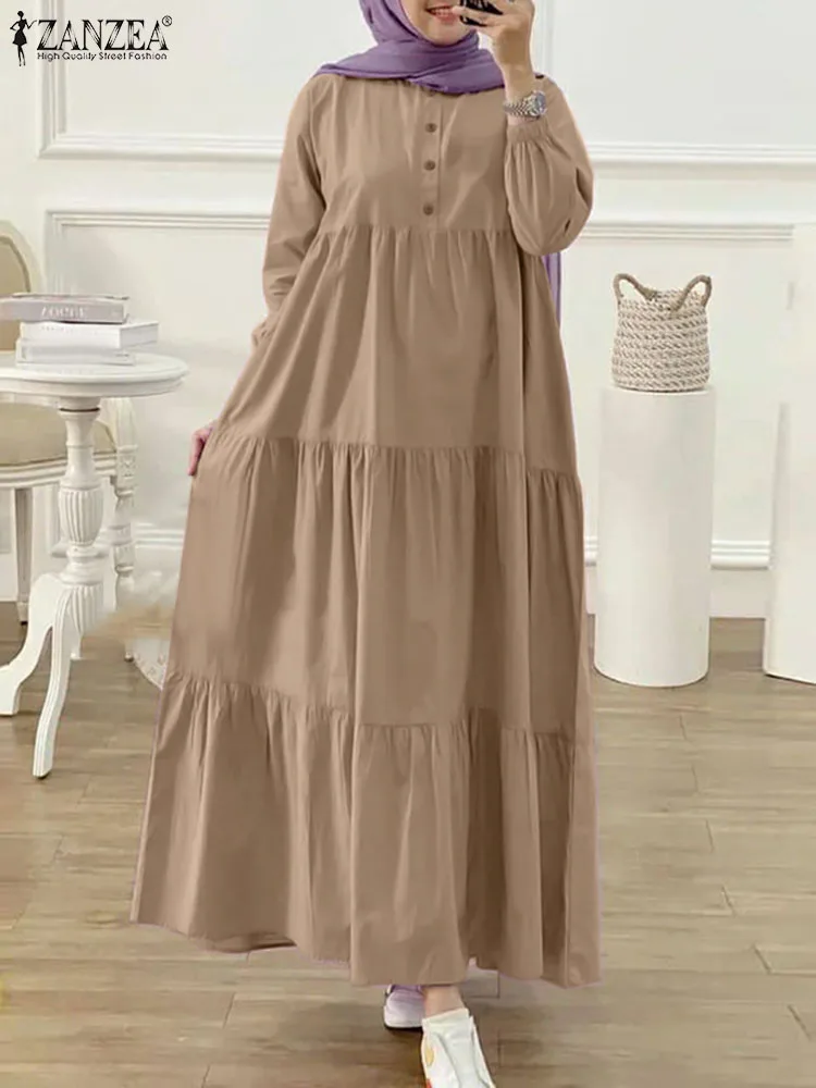 ZANZEA-Robe Longue Abaya pour Femme Musulmane, Manches sulf, Couleur Unie, Volants, Vêtement Islamique, Mode Automne