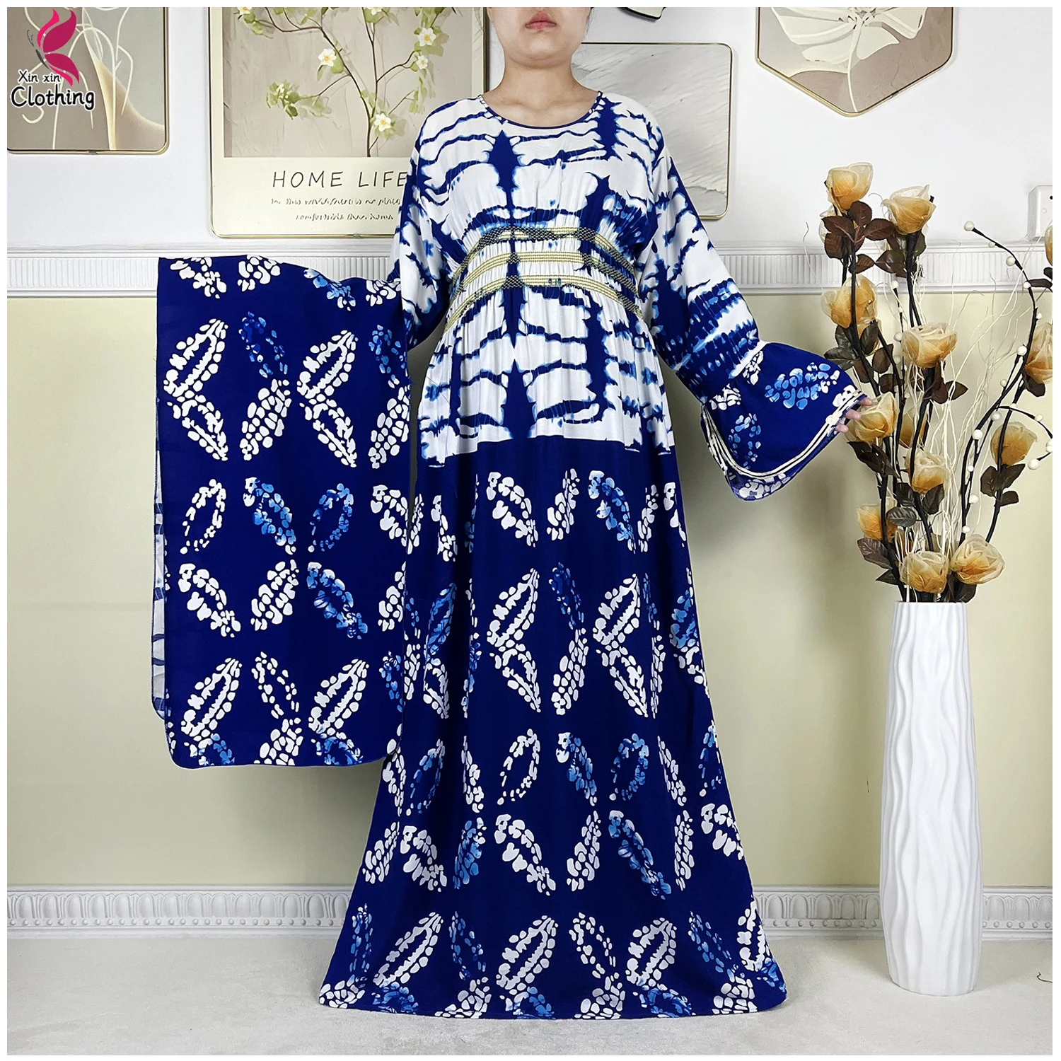 Nouveau Abaya africain femmes à manches longues Dashiki recueillir taille Robe en coton impression Caftan ample Robe islamique avec écharpe Robe décontractée