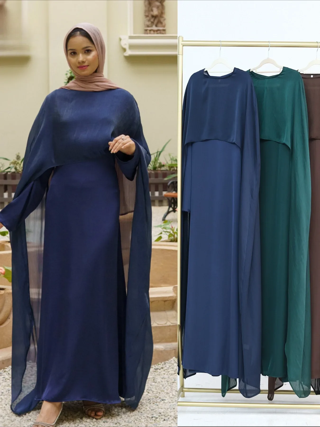 Robe Ample Polyester Bleu Marine Robes Multicolores Cape Longue Femme Traditionnelle Fete Soiree Elargie Dubai
