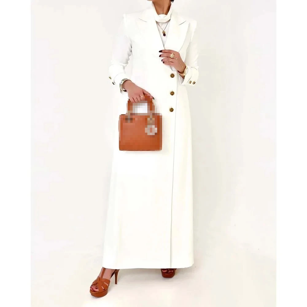 Abayas de Dubaï de luxe pour femmes, olympiques élégants blancs pour femmes, simple boutonnage, revers Patricia, veste longue, tenues de bureau musulmanes, 1 pièce