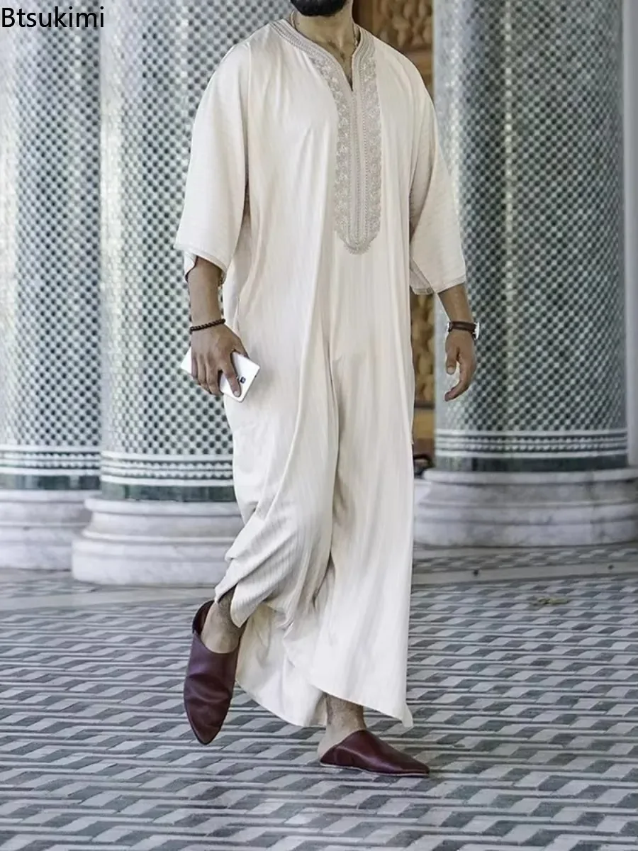 Abaya-Robe musulmane blanche brodée pour homme, style ethnique décontracté, Ramadan, crème, Zina, Islam, Kameez, Galabia, printemps, nouveau, 2025