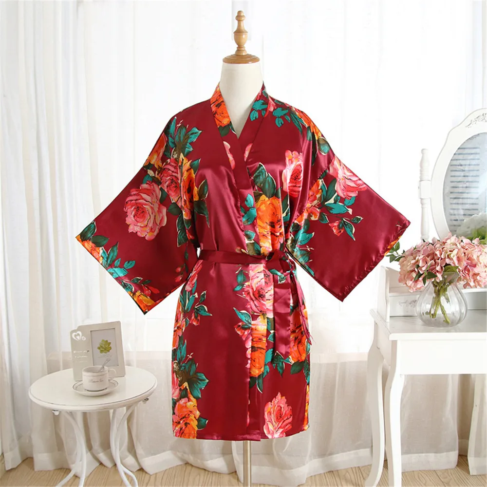 InjWomen-Robe de demoiselle d'honneur de mariage en satin, peignoir sexy à imprimé floral, kimono court, robe de nuit pour femme