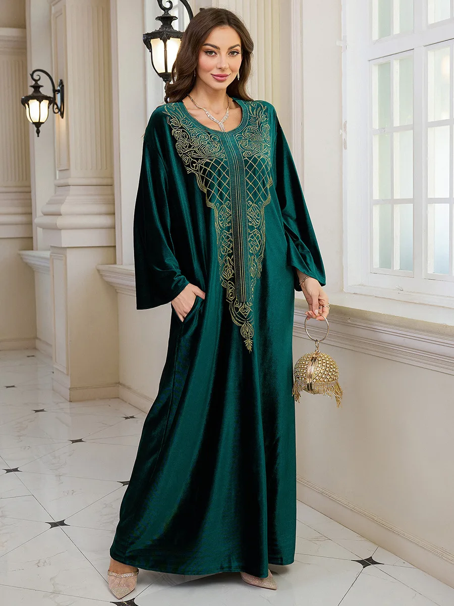 Robe Ample Velours Vert Foncé Femme Motif Brodé Doré Tombé Doux Longueur Solide Occasionnels Élégants