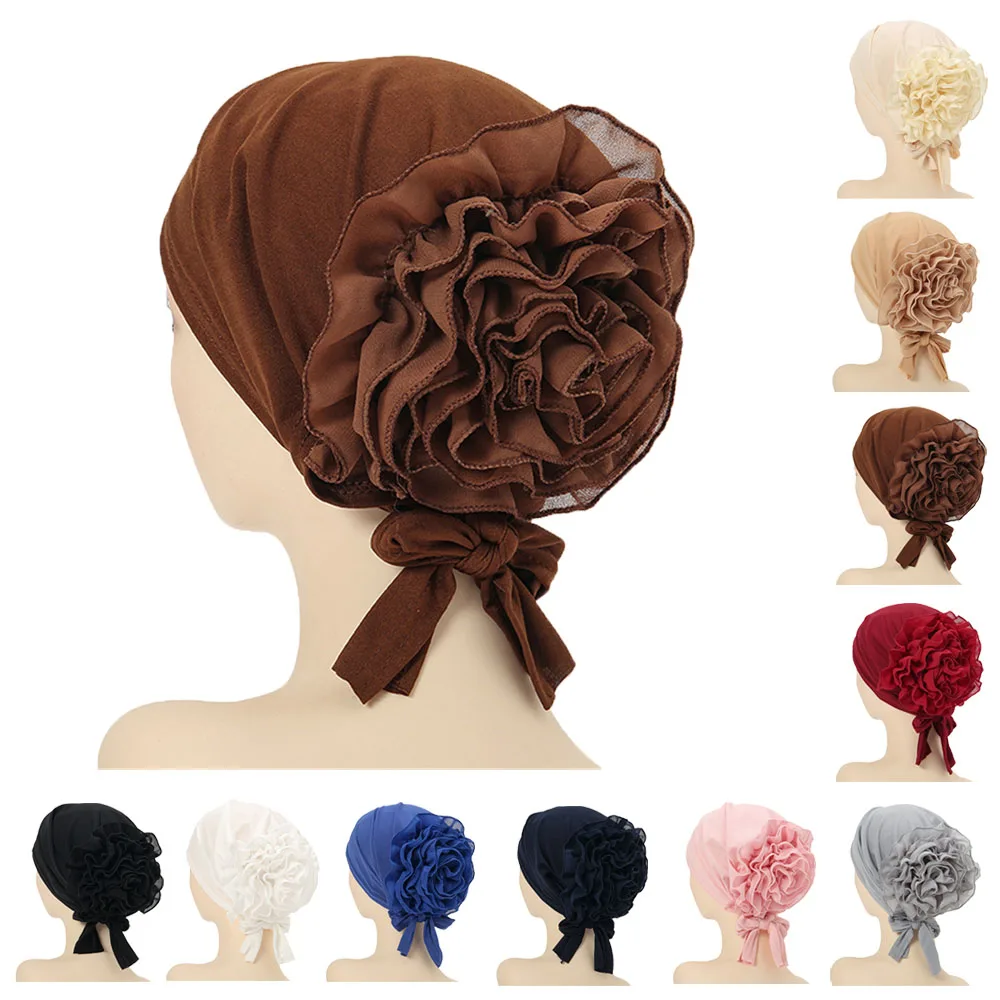 Turban intérieur à grande fleur pour femmes musulmanes, hijab, bonnet pour cancer, chimio, écharpe pré-nouée, vêtements de sauna, enveloppement de sauna, accessoires pour cheveux