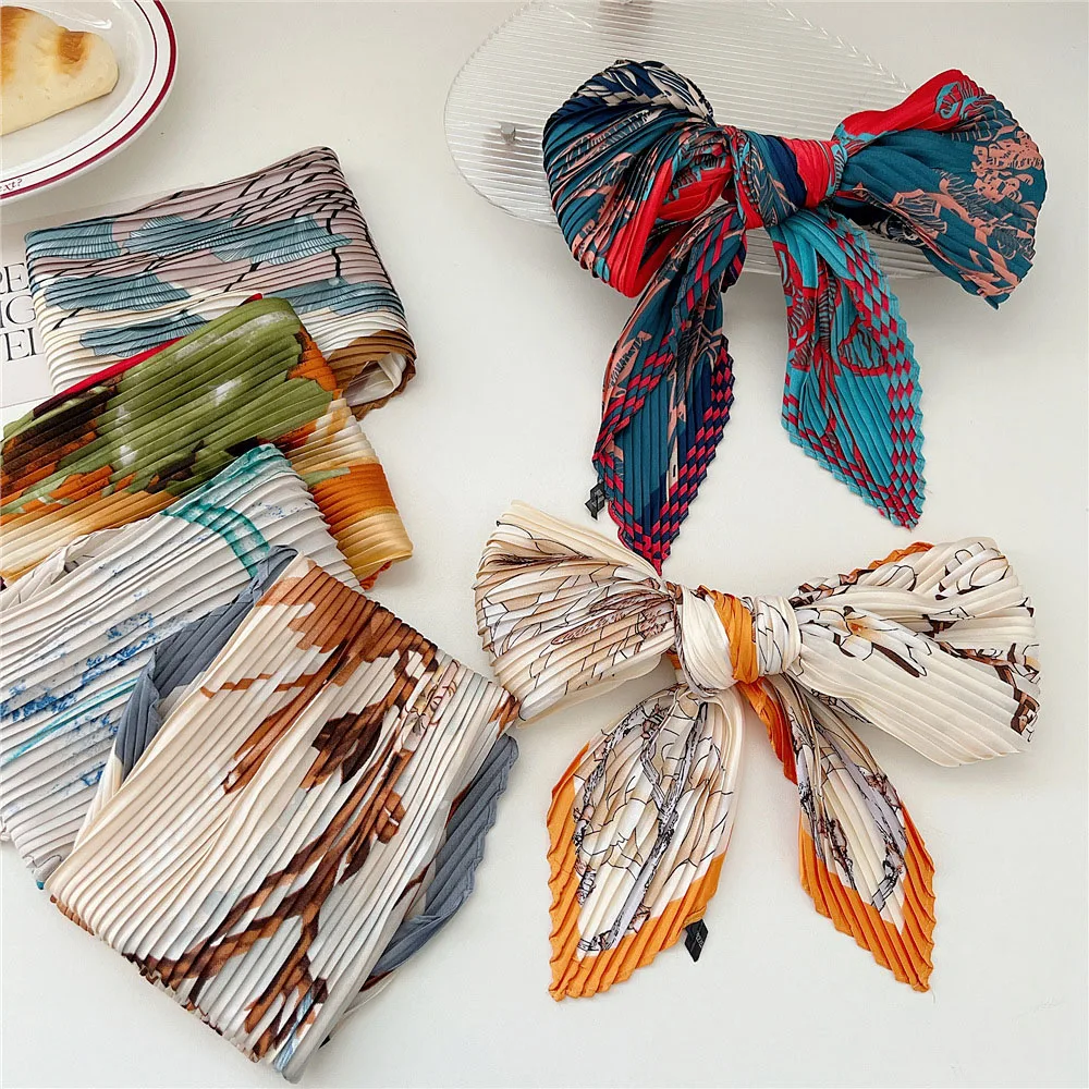 Injplanchers f-Foulard de tête plissé en mousseline de soie pour femme, petit foulard de luxe, enveloppes de sauna, hijabs en satin, bandanas, vente en gros