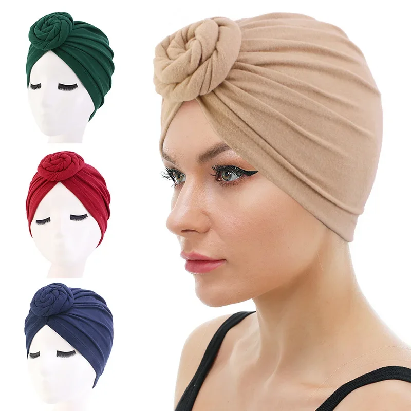 Femmes bandeau inde chapeau Hijabs casquette dames Turban Bonnet couleur unie haut en coton noeud intérieur Hijab casquettes africain torsion bandeau