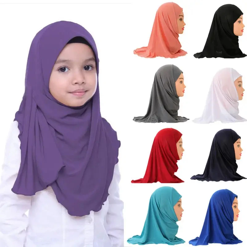 Hijabs pour enfants de couleur unie, écharpe islamique pour filles musulmanes, châles doux et extensibles pour filles de 2 à 7 ans, Turban 50cm