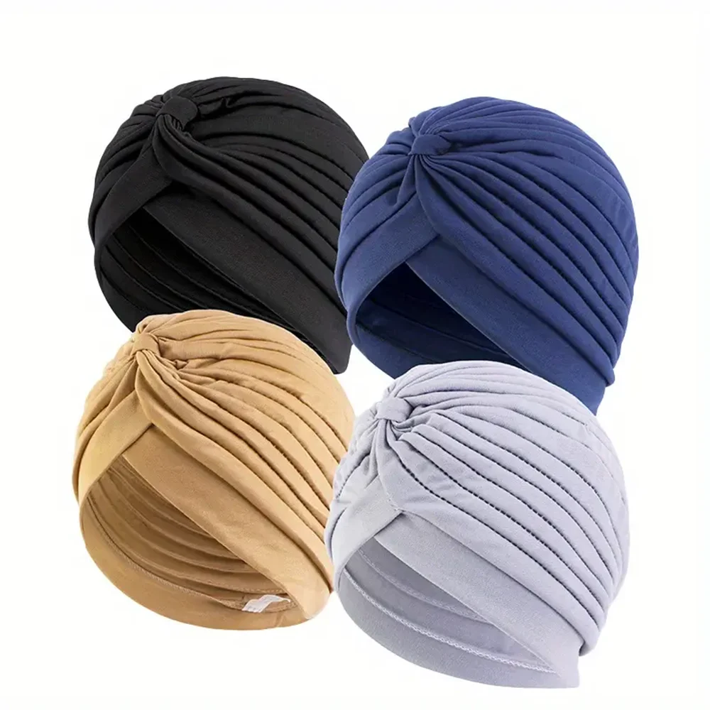 4 pièces/ensemble couleur unie Turban casquette élastique Bonnet foulard femmes chimio chapeaux décontracté plissé tête enveloppement