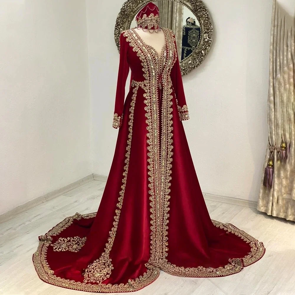 Caftan marocain rouge Caftan robes de soirée musulmanes a-ligne manches longues Appliques dubaï arabe Abaya robe islamique personnalisée