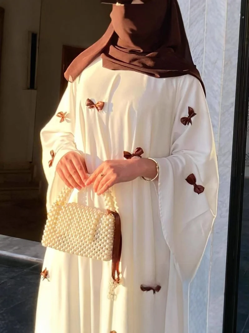 Robe longue arabe pour femmes, avec manches cloche et nœud papillon, Abaya du moyen-orient, dubaï, grande taille, robe d'été à la mode
