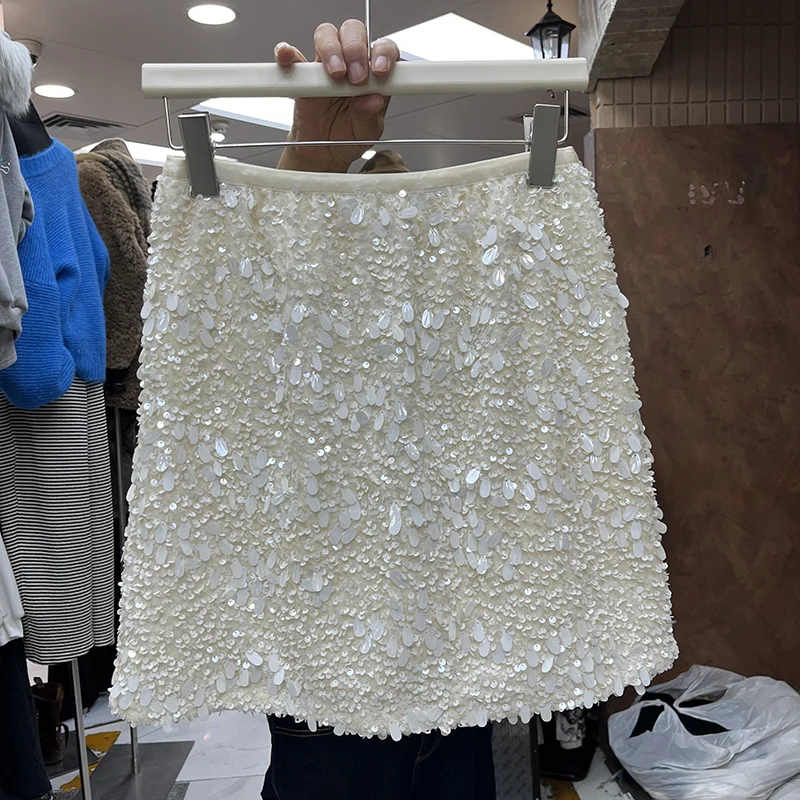 Demi-jupe à paillettes pour femmes, ligne a, courte, perles scintillantes, jupes portefeuilles aux hanches, 2025