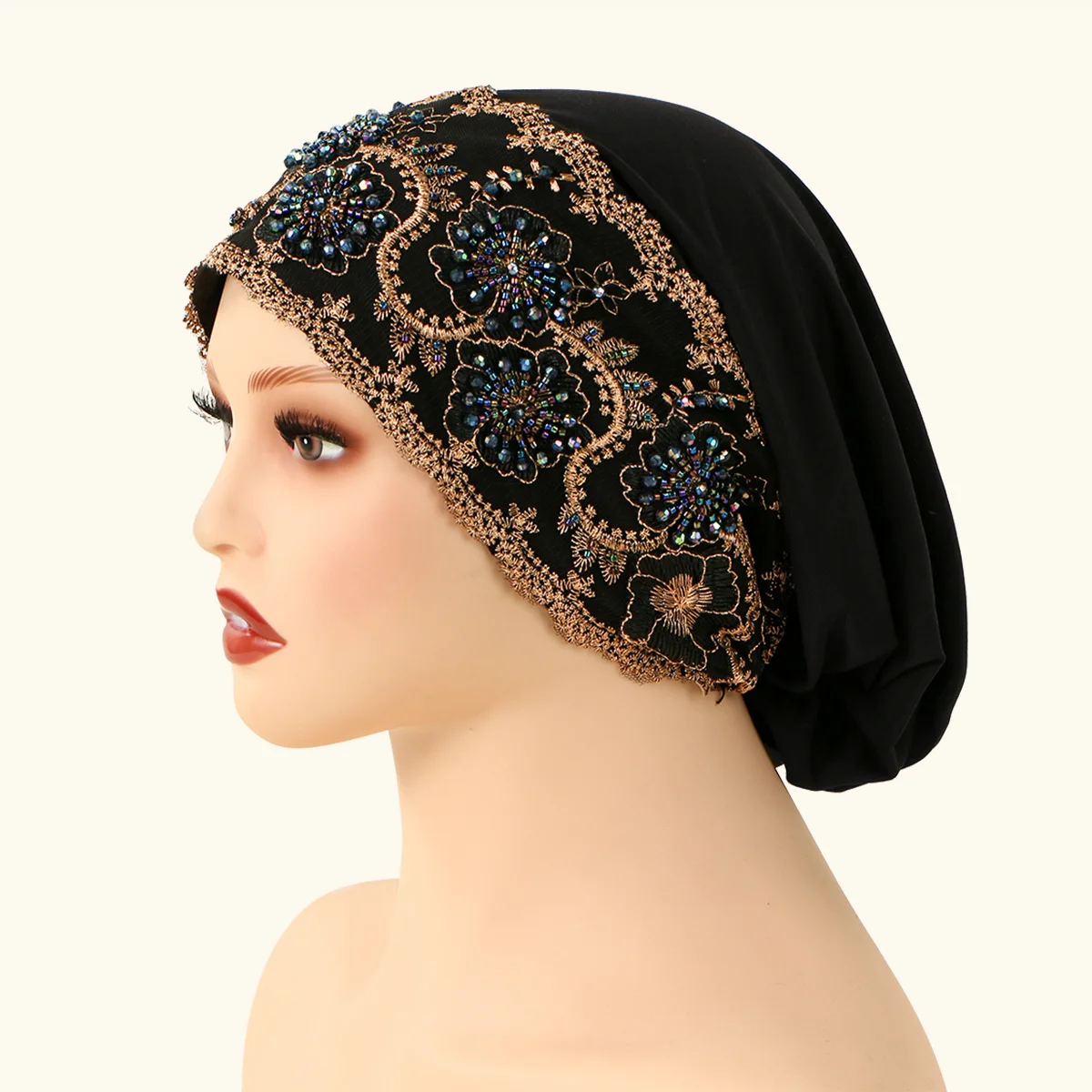 Casquette Turban en dentelle brodée de luxe pour femmes musulmanes, couvre-tête en Modal avec strass floraux, couvre-chef islamique, Bonnet féminin