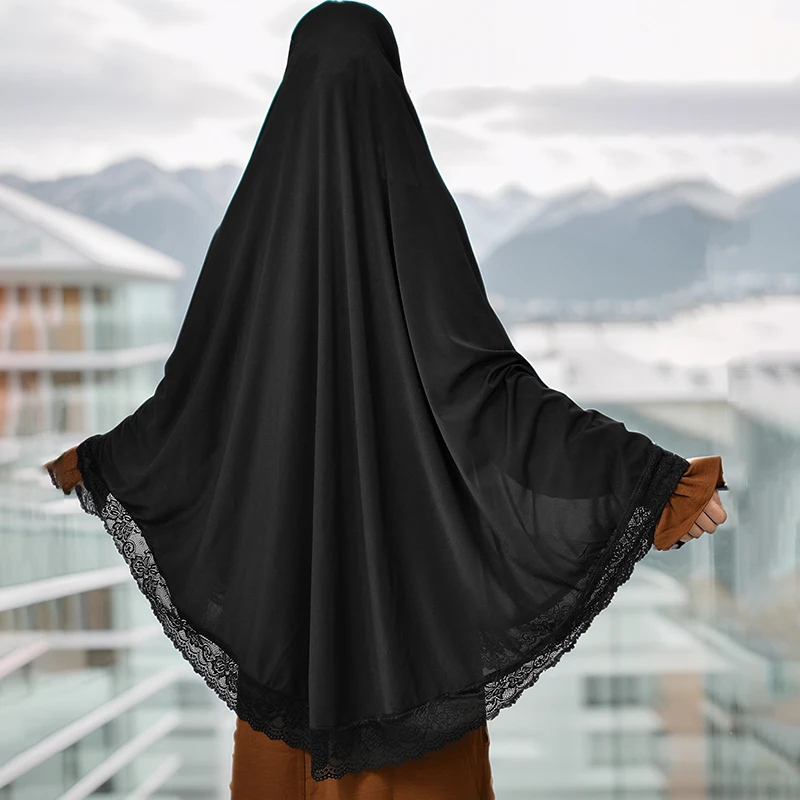 Abayas musulmanes couverture complète bord en dentelle femmes noir vêtements couleur unie Hijab instantané doux Premuim coton chanvre Ramadan robe de prière