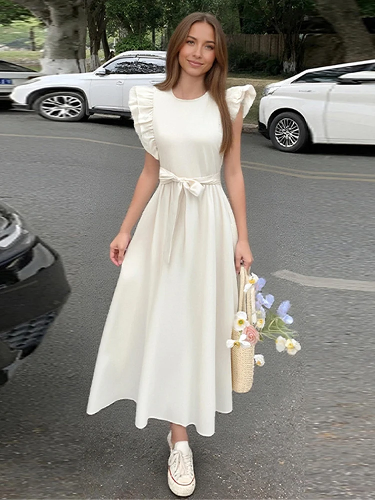 Élégant solide ceinture mouche manches longue robe femmes mode col rond plissé taille haute a-ligne Robes dame été Chic Robes décontractées