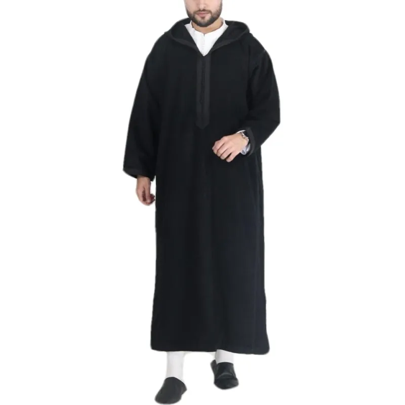 Robe musulmane noire à capuche pour hommes, robe arabe pour le Ramadan, Thobe Jubba, Kaftan islamique, Abaya de Dubaï, Vêtements turcs, Vêtements ethniques du Moyen-Orient