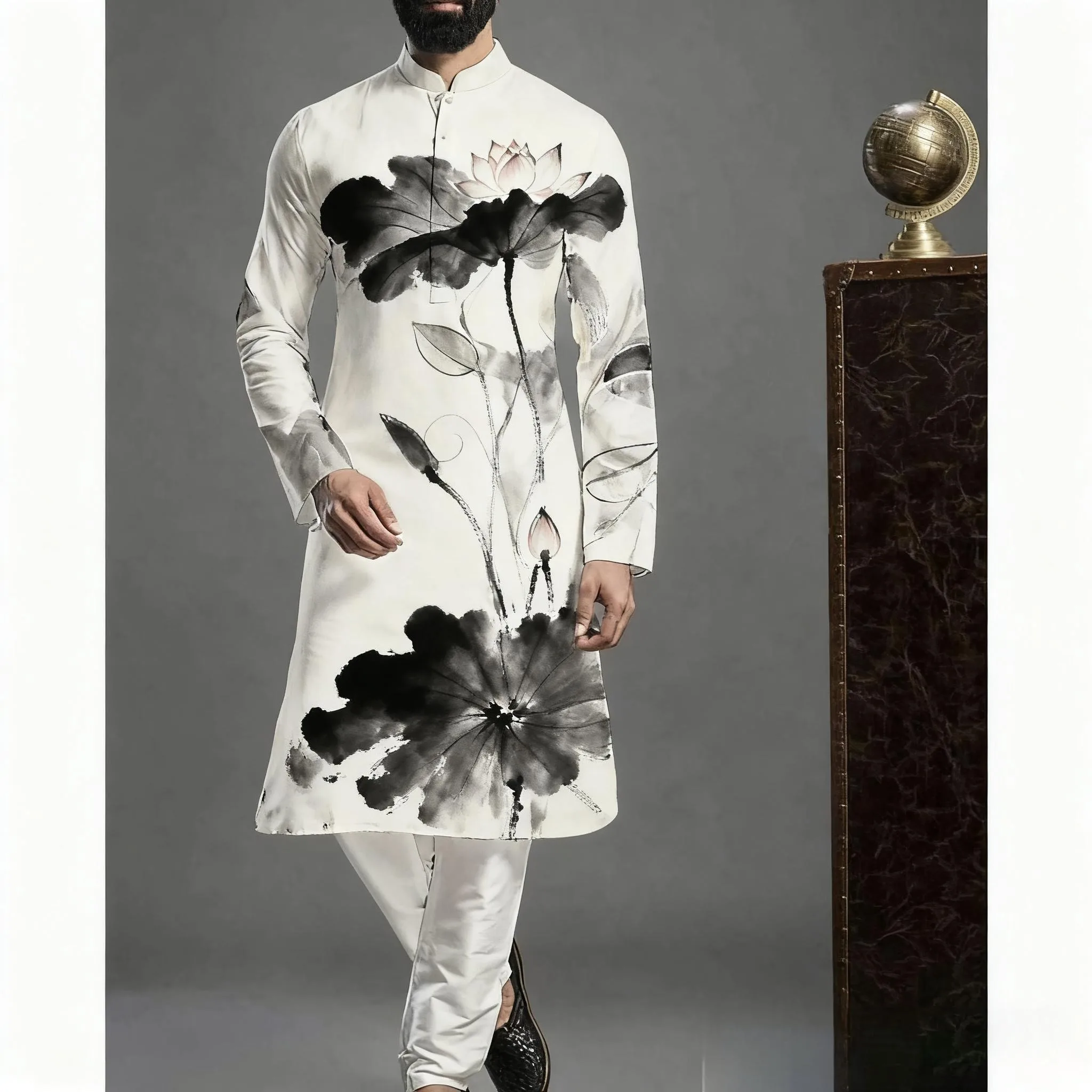 Abaya arabe islamique pour hommes, imprimé ethnique, col montant, chemise mi-longue pour jeunes, manteau de luxe, costume turc décontracté pour hommes