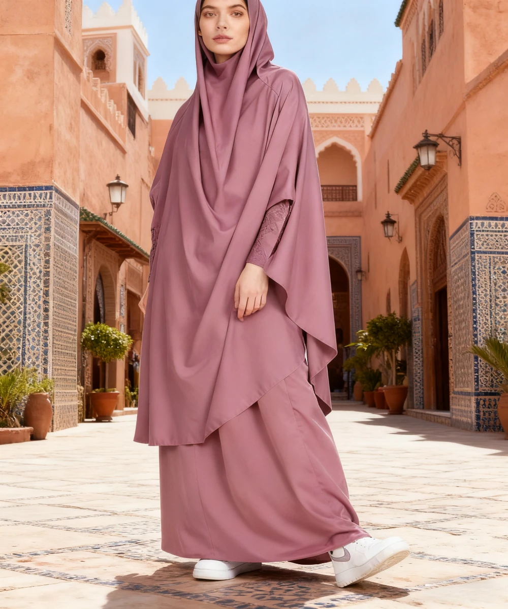 Femmes 2 pièces Jilbab ensembles longue Khimar + jupe ensembles robe Hijab Eid musulman prière vêtement Abaya à capuche Ramadan robe islamique Niqab
