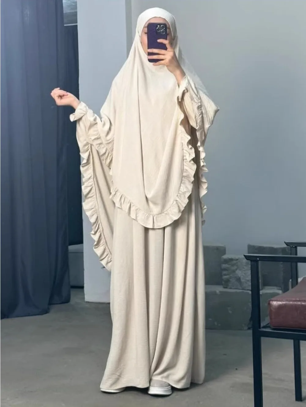 Ramadan Long Khimar avec robe Hijab Eid musulman couvre-chef femmes Jilbab 2 pièces ensemble Jubha islamique Hijabs Musulman vêtement de prière
