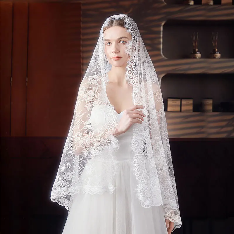 Foulard long musulman avec bordure de cils en dentelle européenne, châle de voile de mariée élégant pour femmes – Hijab de mode modeste
