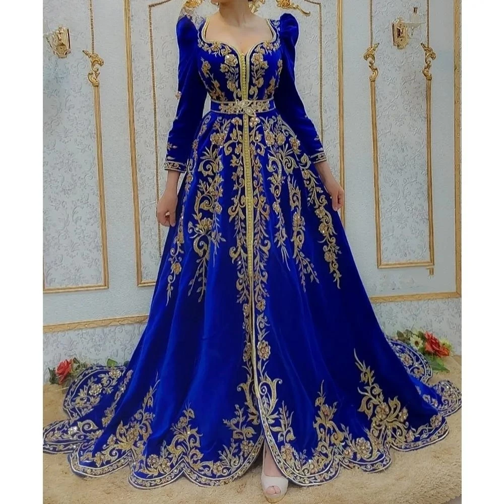Robes de soirée musulmanes caftan marocain bleu, manches longues, appliques, Dubaï, arabe, Turquie, Caftan Abaya, robe islamique personnalisée