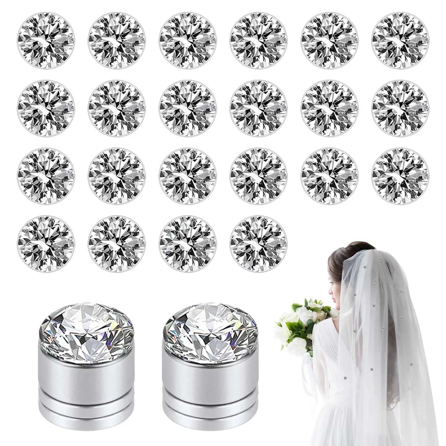 24 pièces de poids de voile, diamants magnétiques de mariage, cristaux de strass brillants élégants, aimants Hijab pour accessoires de voile de robe