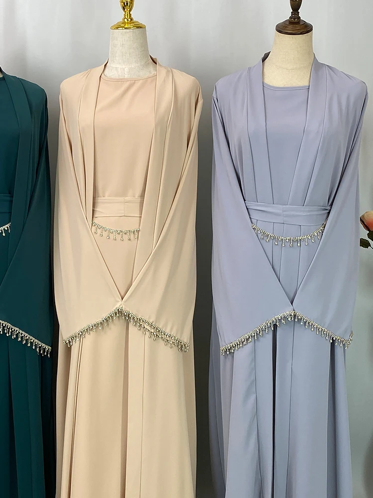 Ramadan musulman Abaya Nida robe noire avec chaîne de cristal ensembles islamiques élégants dubaï longue femme robes de soirée Caftan marocain