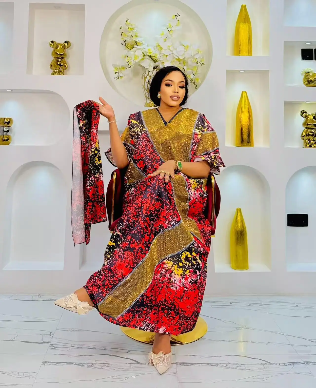Robe Ample Noir Bleu Jaune Rouge Forme Droite Manches Courtes Col V Motif Abstrait Luxueux Femme