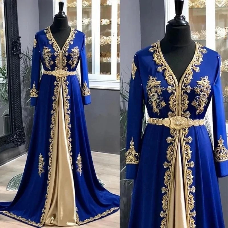 Kaftan marocain bleu Royal, robes de soirée musulmanes, ligne a, manches longues, Appliques, dubaï, arabe, Abaya, robe islamique personnalisée