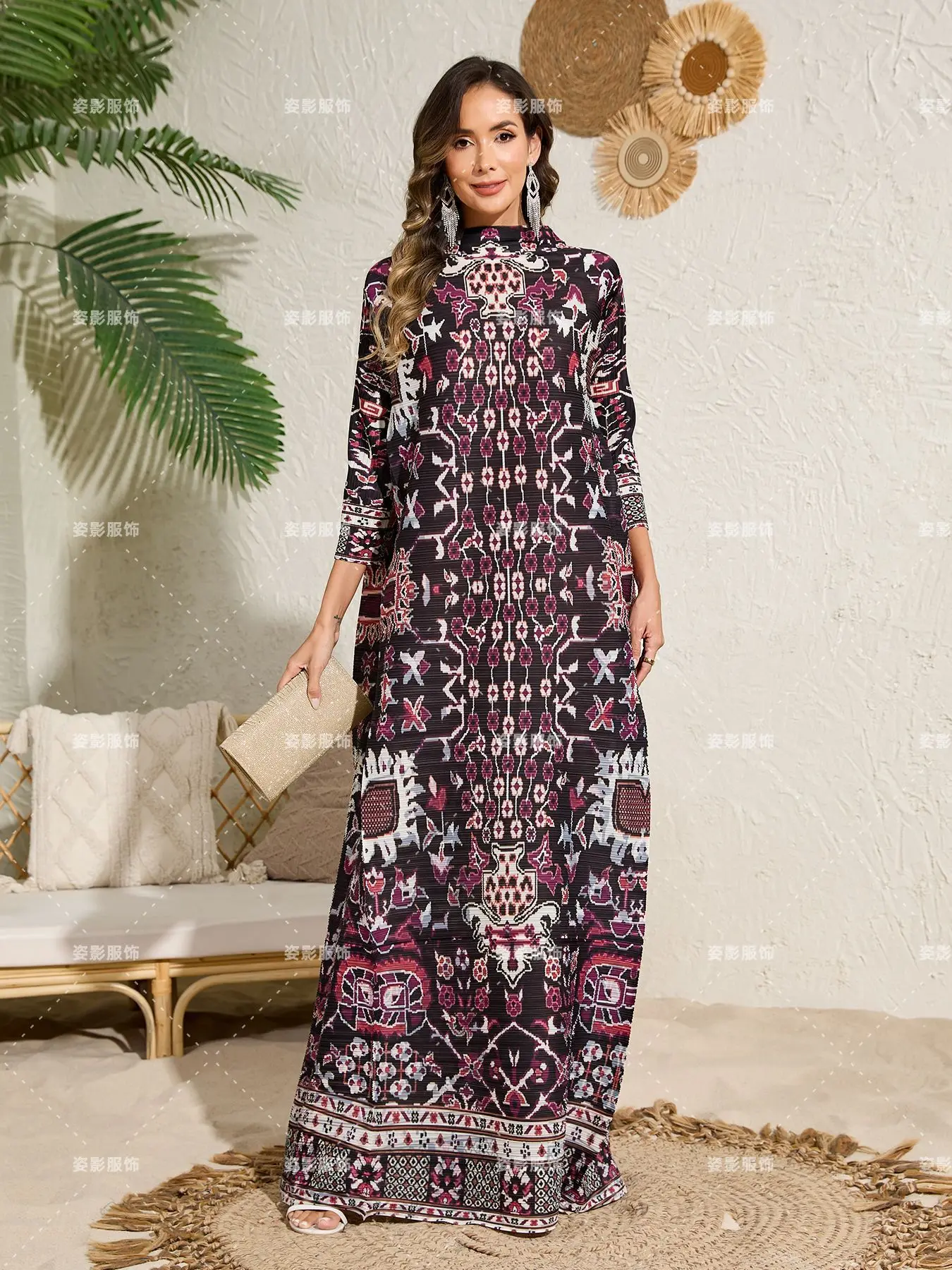Miyake mode Style ethnique impression femmes robe plissée élastique ample à manches longues col montant Abaya arabie saoudite robes
