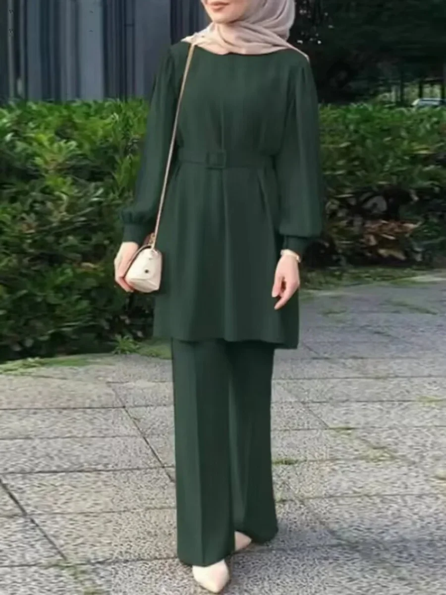 Femmes arabes Eid musulmanes deux pièces Ensemble à lacets chemisier et pantalon Musulman Ensemble ceinture correspondant ensembles bouton chemise Femme Abaya Ramadan