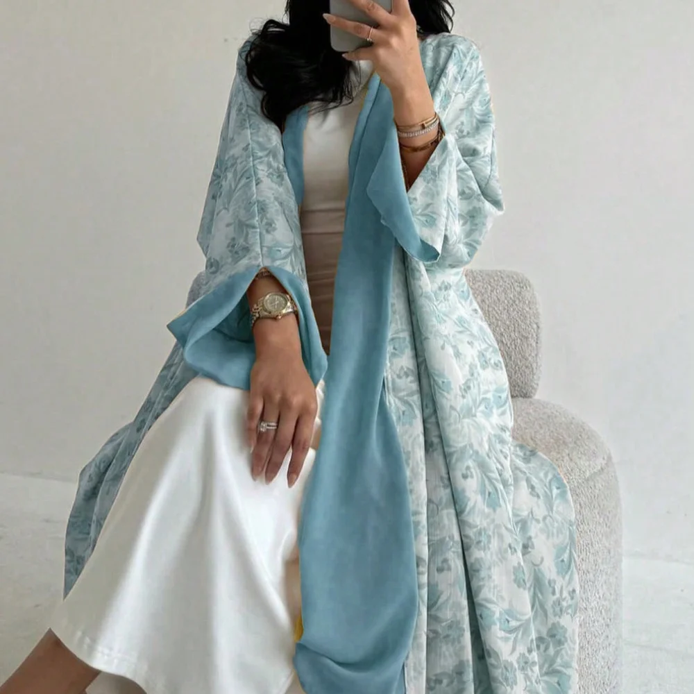 Abaya ample à imprimé Floral, manches longues, Robe traditionnelle du moyen-orient pour femmes, élégante, ouverte sur le devant, sans écharpe, caftans