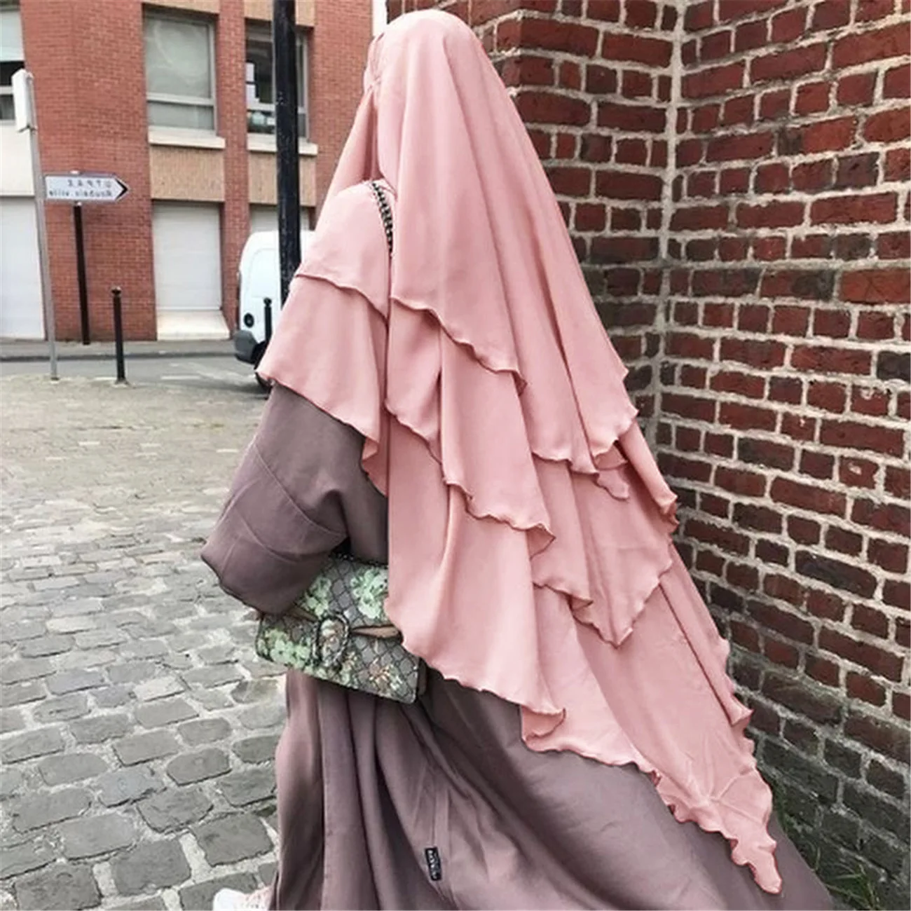 Hijab Polyester Rose Pâle Beige Clair Jupe Ample Couche Triple Robe Droite Junior Toute Saison