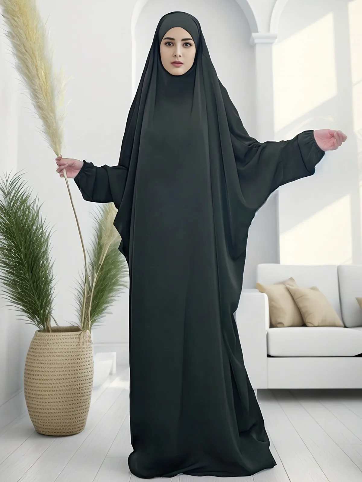 Robe Traditionnelle Arabe Manches Chauve Souris Femme Couleur Vert Foncé Taille Unique Occasion Fête Traditionnelle Soirée Élégante İslamique Modestie Femme