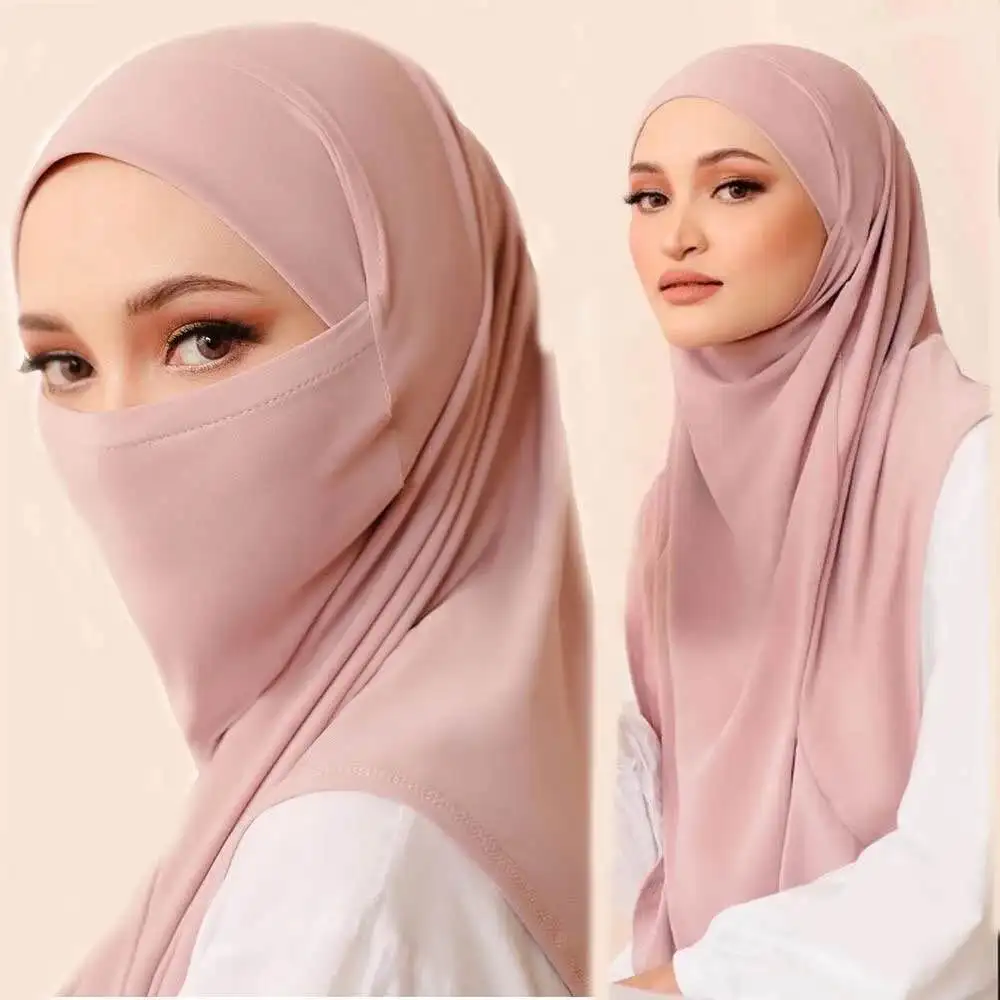 Hijab Polyester Solide Rose Pâle Bleu Marine Femme Longue Coupe Douce Tête Visage Mobilité Occasionnelle Décontractée