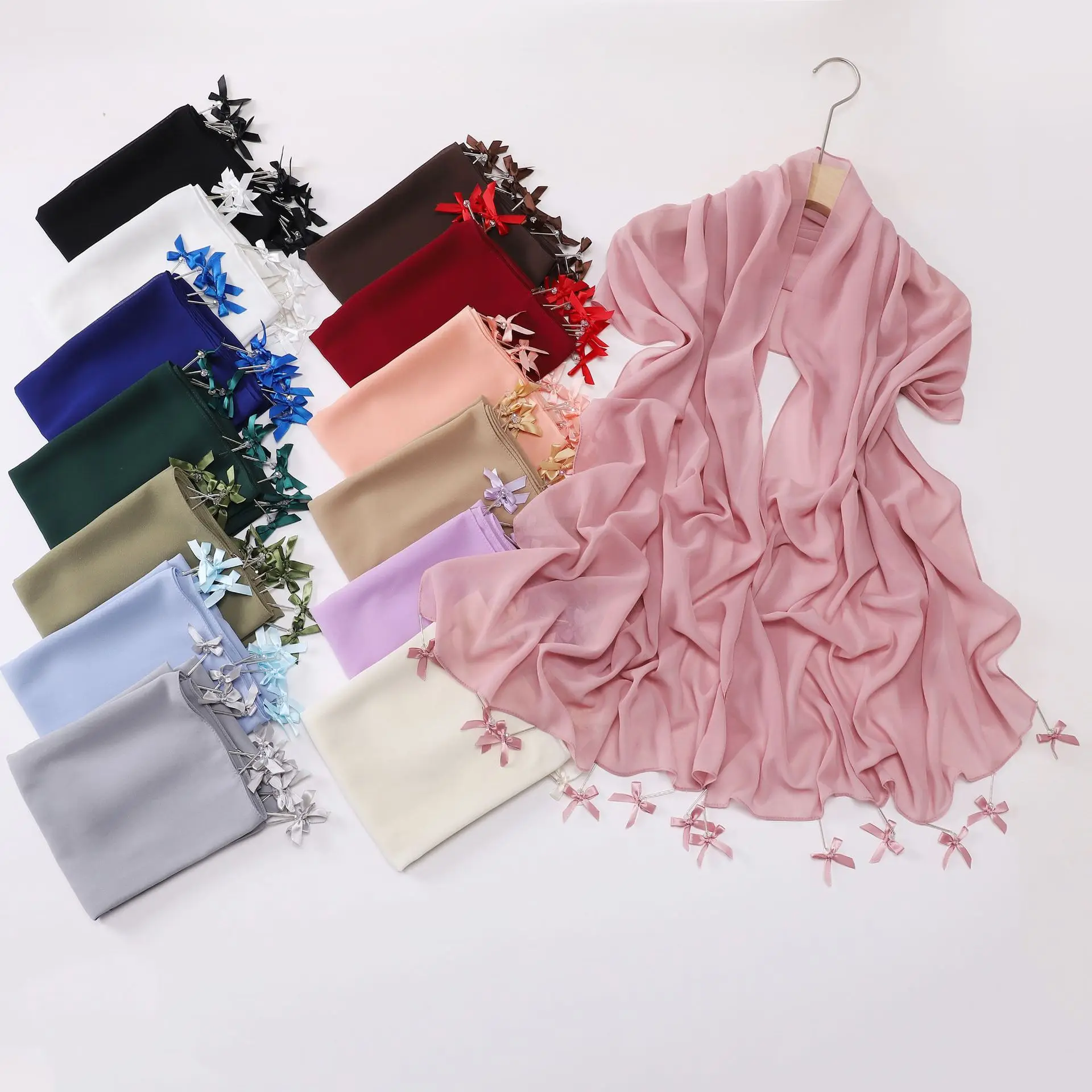 Cousu à la main tube de verre arc plaine mousseline de soie Hijab Ramadan perles foulards châles femmes crème solaire foulard extérieur coupe-vent tête enveloppement