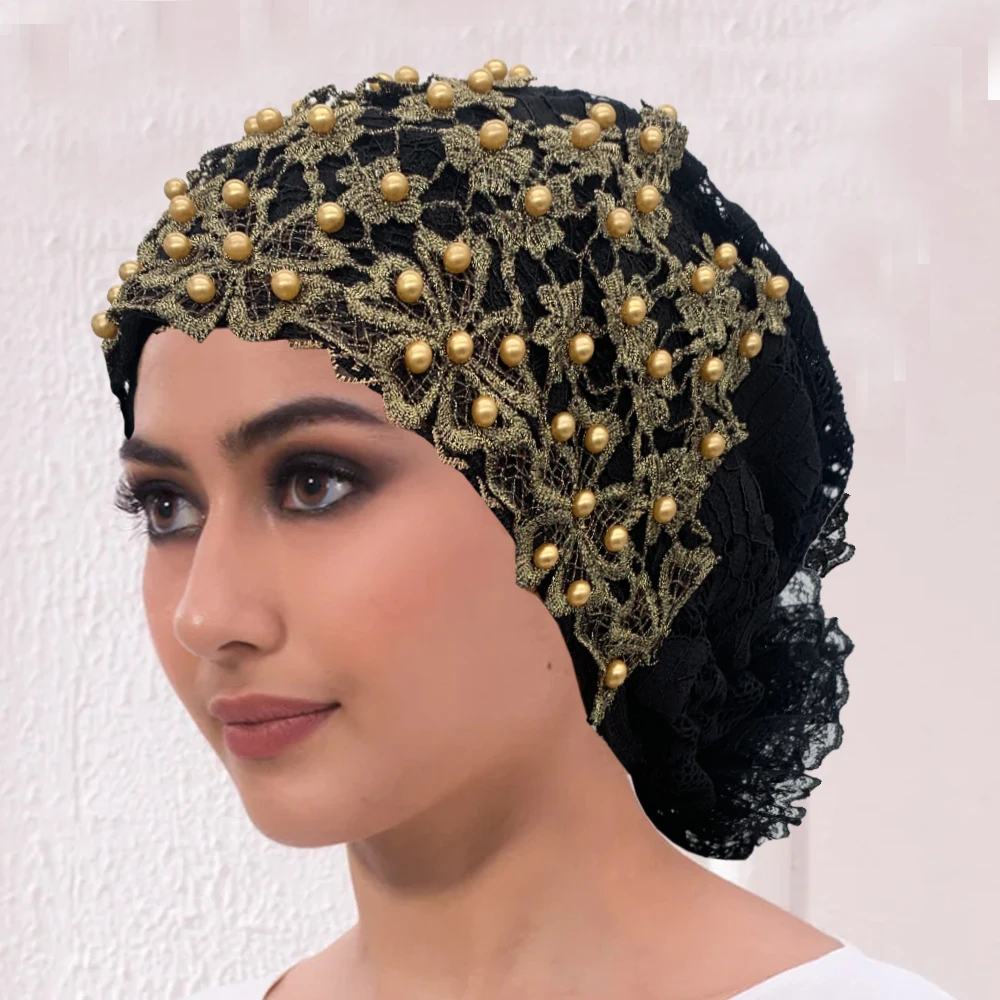 Casquette Turban brodée de perles pour femmes, foulard musulman, chapeau, perte de cheveux, casquette de chimio, Bonnet africain