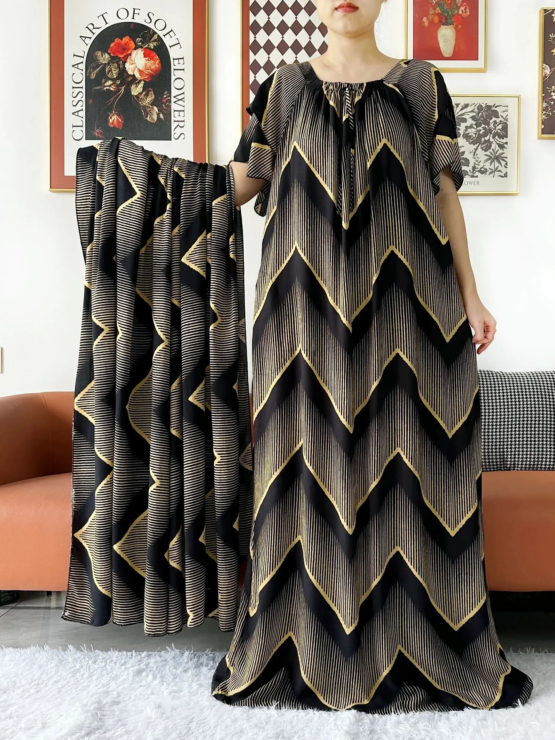Robe en coton avec grande écharpe pour femmes musulmanes, Abaay de Dubaï, Maxi d'été, Manches courtes, Vêtements Abaya africains, Nouveau, 2024
