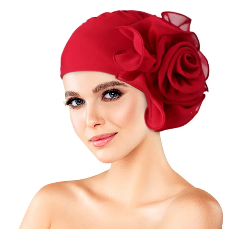 Chapeau turban à grandes fleurs pour femmes, bonnet de tête de gril élastique, enveloppes de tête musulmanes, casquettes bandana pour dames, accessoires pour cheveux, document solide, mode